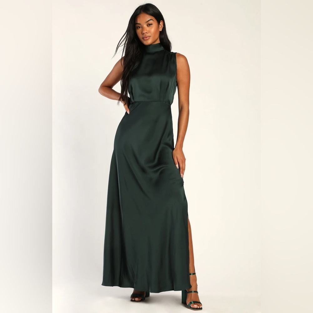 NWOT Lulus Classic Elegance Green Satin Sleeveless Mock Neck Maxi Dress